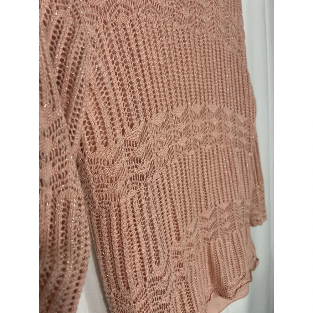 Vintage Womens Open Knit Boho Crochet Sweater Pink Fairy Coquette Asymmetric Y2K